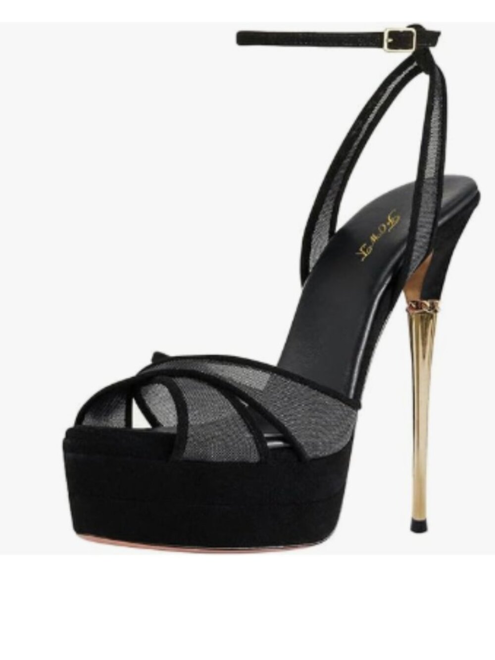FOWT Black Women Platform Peep Toe Ankle Strap Metal Stiletto High Heels Sandals